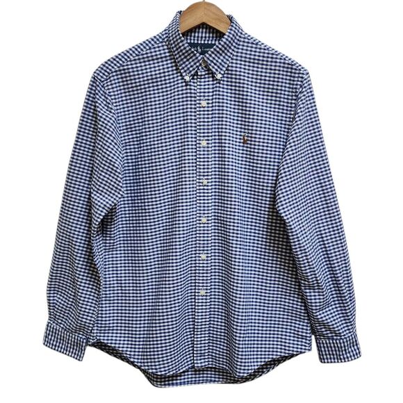 Ralph Lauren Shirt Mens Large Blue Gingham Check Cotton Button Tan Pony Preppy - Picture 1 of 11